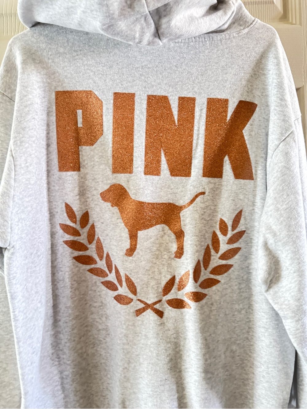 PINK Victoria's Secret Light Gray Hoodie with Small Dog Embroidery